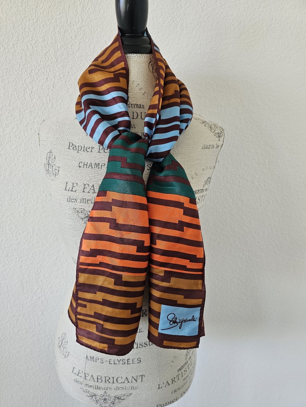 Vintage Schiaparelli Glentex Silk Scarf Geometric Step Print Mod MCM Oblong
